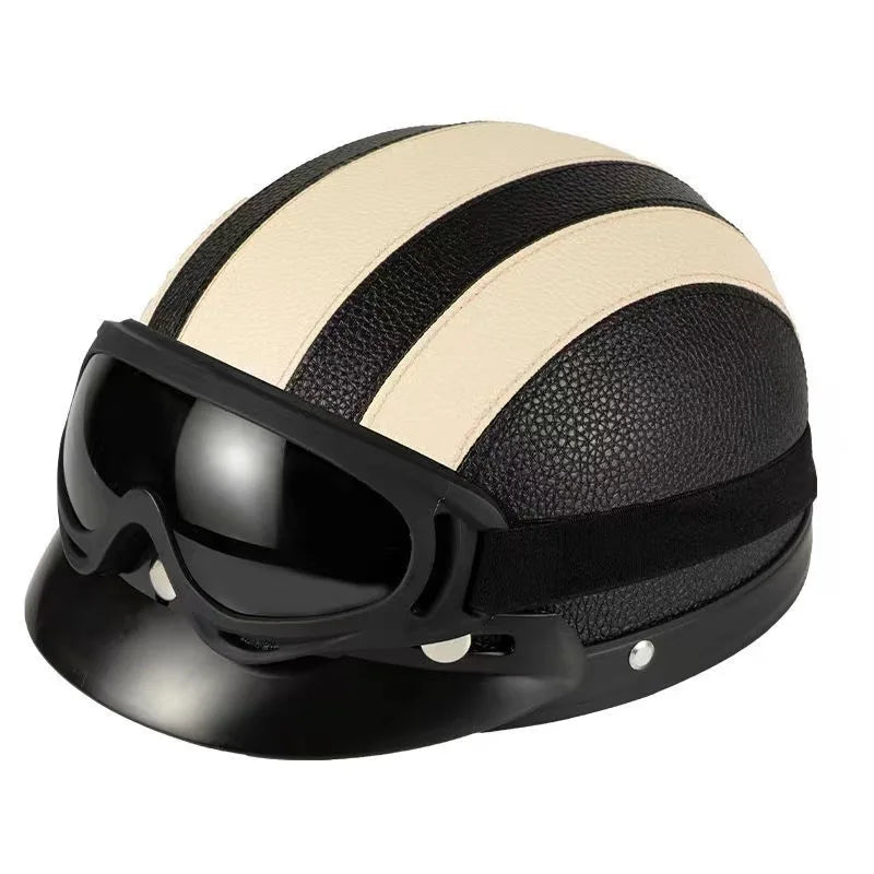 Vintage Half-Face Helmet with Detachable Goggles