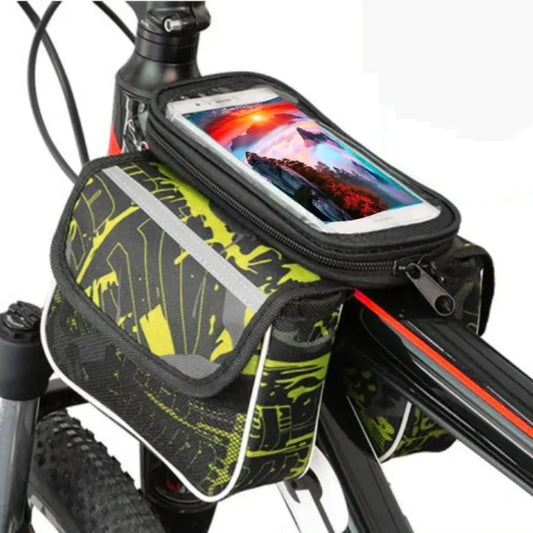 Bike Top Tube Frame Bag with Phone Holder – Dual Compartment, Touchscreen & Reflective