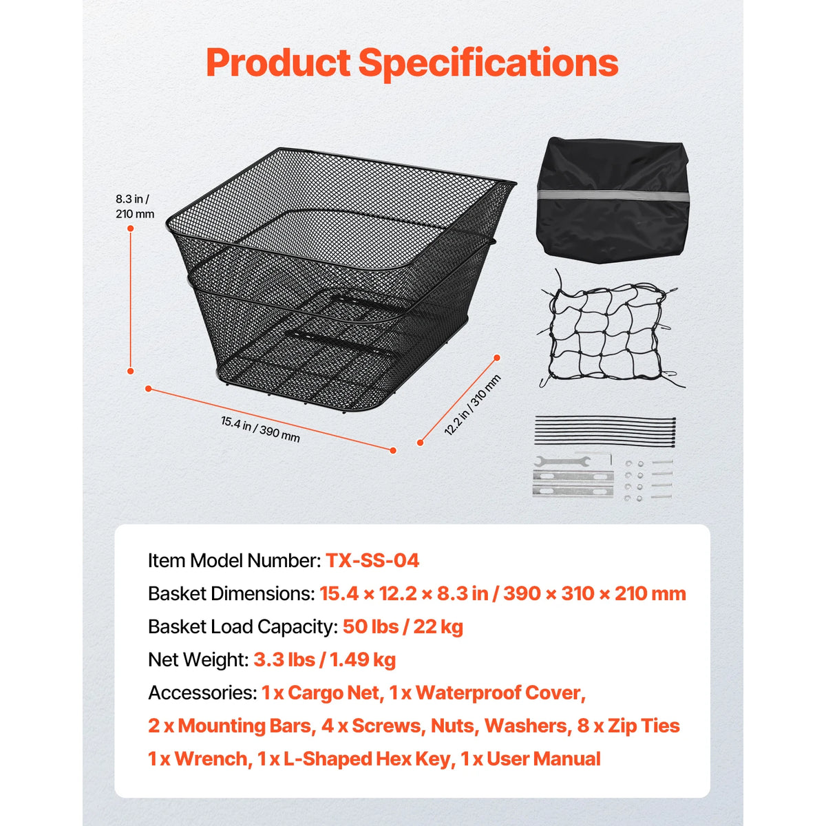 Metal Wire Mesh Bike Rear Basket – 50 lbs Capacity with Waterproof Cover