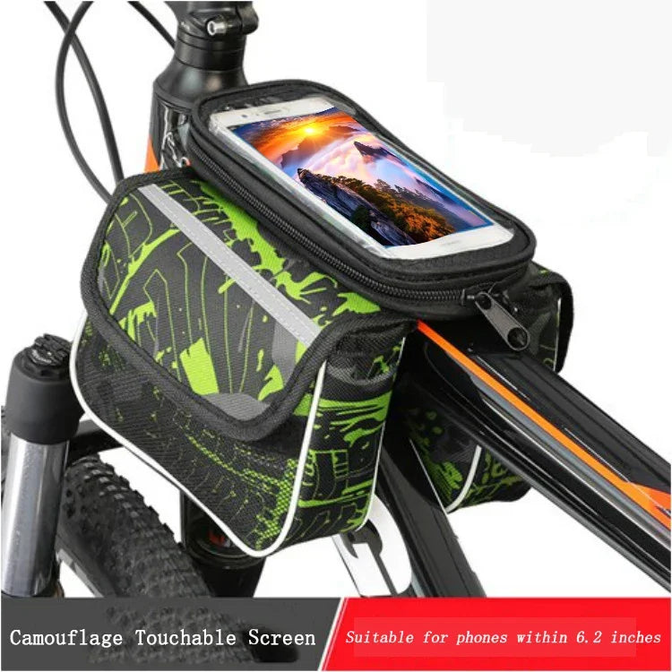 Bike Top Tube Frame Bag with Phone Holder – Dual Compartment, Touchscreen & Reflective