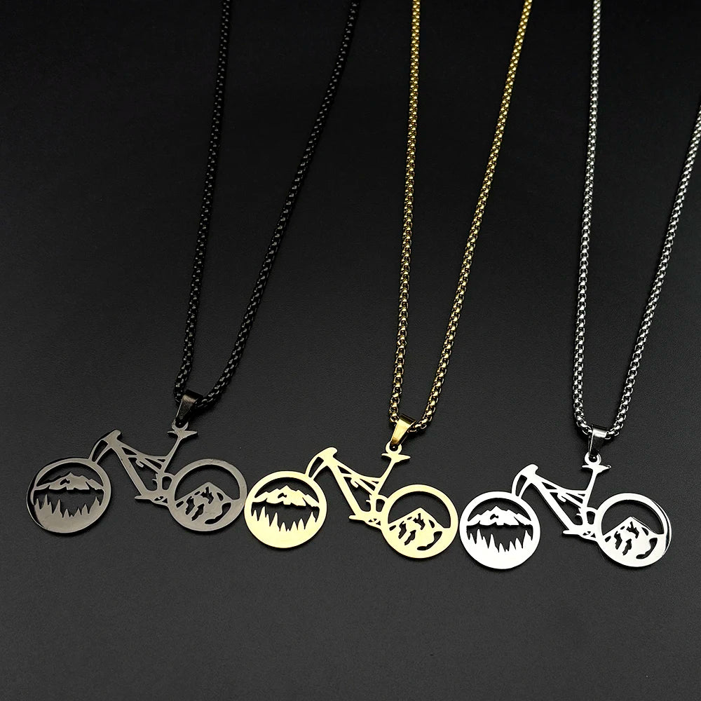 Bicycle Mountain Pendant Necklace – Stainless Steel, Unisex | 60cm Chain