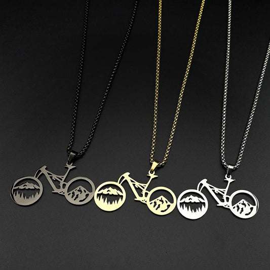 Bicycle Mountain Pendant Necklace – Stainless Steel, Unisex | 60cm Chain