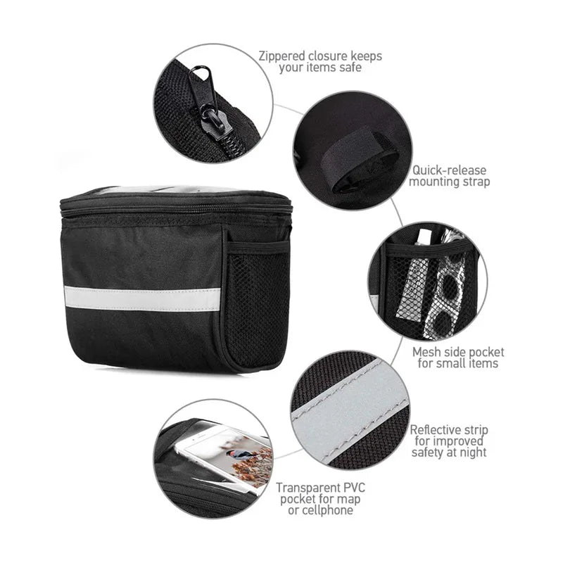 Bike Handlebar Bag with Phone Mount & Reflective Strip – Large Capacity Cycling Bag