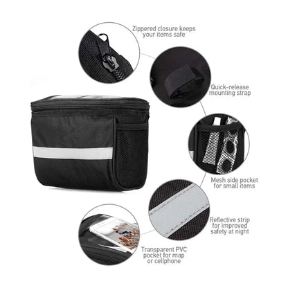 Bike Handlebar Bag with Phone Mount & Reflective Strip – Large Capacity Cycling Bag