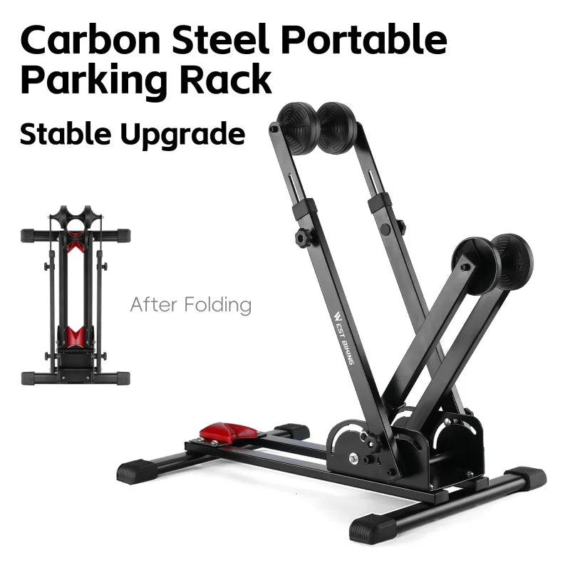 3-in-1 Foldable Bike Parking Rack – Adjustable Carbon Steel Stand for MTB & Road