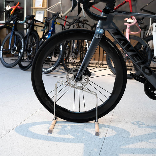 Vertical Bike Stand – Stainless Steel & Beech Wood Indoor Floor Rack