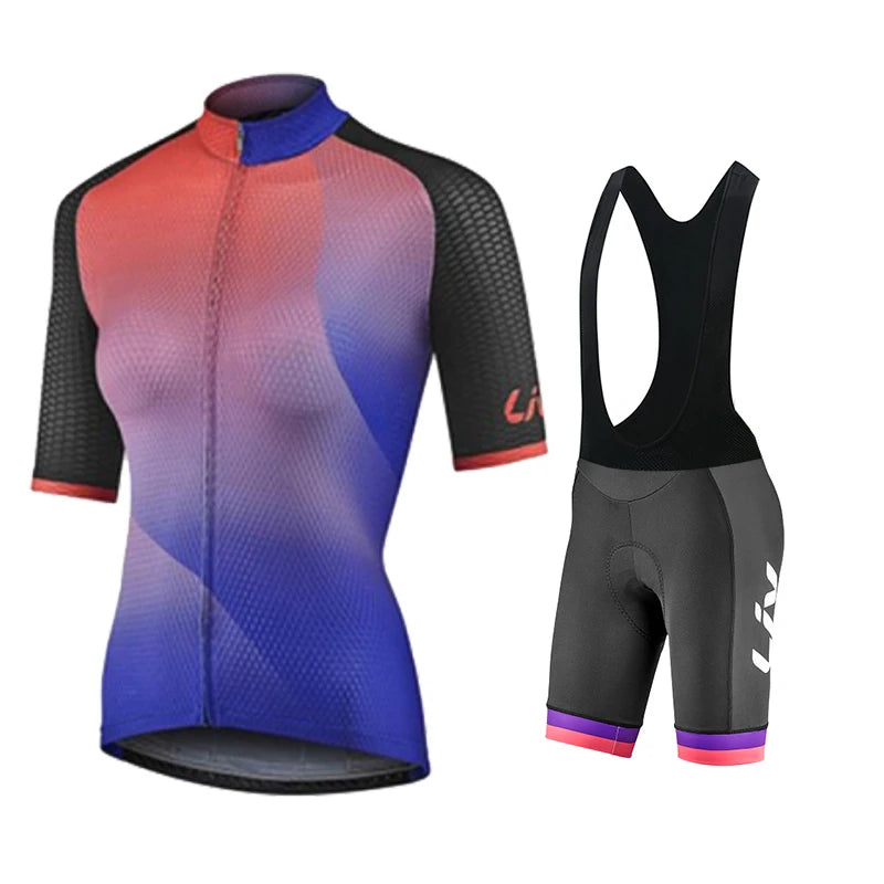 Women’s Cycling Jersey & Bib Shorts Set – 19D Gel Pad, Short Sleeve, 12 Designs